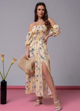 Шикарное летнее платье на резинке сверху жёлтое платье с разрезами платье с цветами платье миди