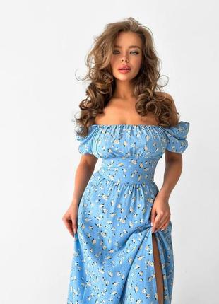 Легкое летнее платье миди платье длинное сарафан нежное с разрезом и открытыми плечами с цветочным принтом