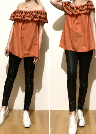 2xl-3xl летний натуральный хлопок оранжевая блуза вышиванка волан блузка вышивка