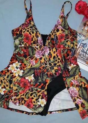 Купальник суцільний чорний з утяжкою розмір 50/16 сукня зі спідницею, тропічний принт