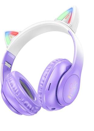 Бездротові навушники hoco w42 cat ear накладні з вушками та led підсвічуванням purple grape