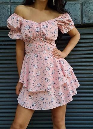 Сукня-комбінезон (плаття) жіноча коротка міні в квіти s, m біла, персик, темно-синя, рожева