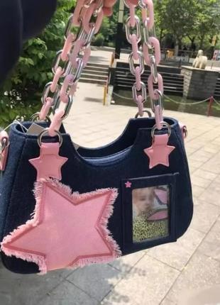 🖤 трендовая сумка багет з fashion деталями y2k, темный джинс розовая звезда, цепочка