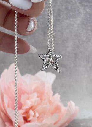 Серебряное ожерелье «ассиметричная звезда с pavé»