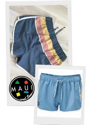 Дышащие короткие шорты серферского бренда maui and sons голубые белизовые с ярким полосатым принтом белый кант