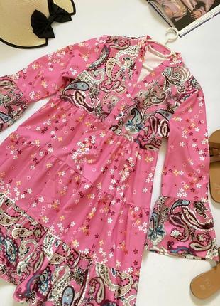 Яркое платье большой размер в стиле бохо 🌸 рожева сукня батал в яскравий принт р.xl