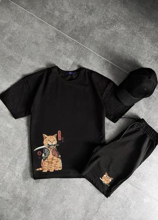 Мужской летний костюм с принтом футболка шорты с котом черный s-xl ( 46-52 )