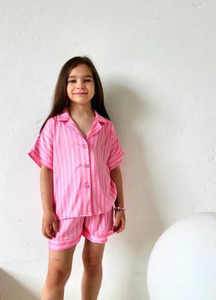 Шовкова стильна дитяча піжама в рожеву смужку в стилі victoria secret для дівчинки