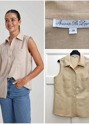 Натуральная льняная рубашка блуза без рукавов безрукавка acconto per donna бежевого цвета размер м
