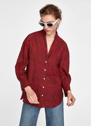 Zara бордовая льняная рубашка с вышивкой
