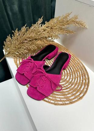 Розовые фуксия замшевые шлепанцы сабо со шнуровкой цвет на выбор