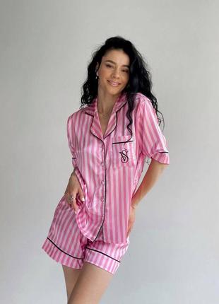 Сатиновий комплект піжама сорочка шорти victoria's secret satin short pj set рожева в  смужка