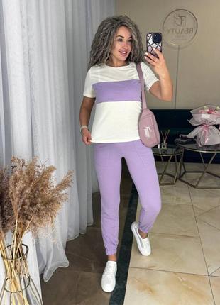 Спортивный костюм футболка свободного кроя майка штаны джоггеры на высокой посадке комплект стильный базовый хаки бежевый фиолетовый серый