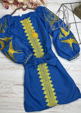 Платье вышиванка на девочку темно голубые ласточки рост 122-164