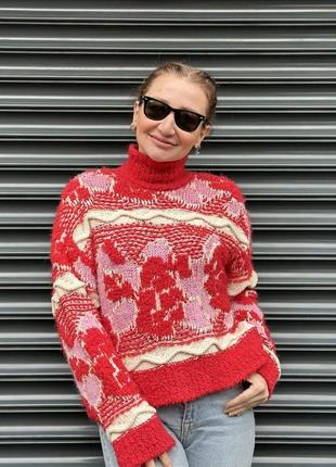 Zara jacquard свитер женский массивный оверсайз красный зара зимний новогодний вязаный atmosphere h&m max mara uniqlo