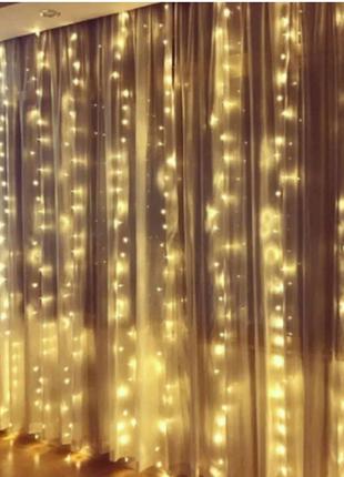 Гирлянда новогодняя, водопад штора на окно теплый белый xmas led 3м*3м 480-ww