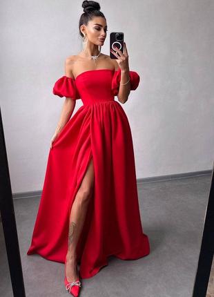 Червона вечірня сукня максі з пишним рукавом-фонариком xs s m l 42 44 46 48 красне випускне плаття максі преміум