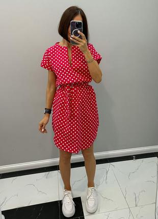 Хлопковое красное платье рубашка в горошек 201