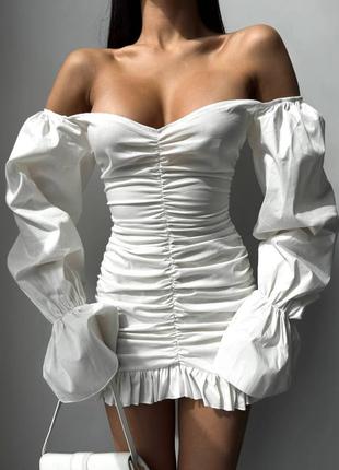 Елегантна сукня міні рукава ліхтарики манжети кльош з відкритими плечима зі зборкою плаття чорна біла рожева по фігурі з котону трендова стильна