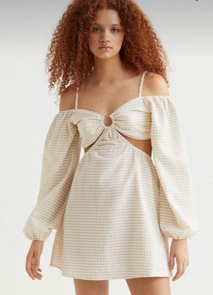 Сарафан короткое платье с вырезами h&amp;m, светло-бежевый/белая клетка