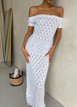 Молочна вʼязана преміальна сукня максі зі 100% італійської бавовни вечірнє довге плаття ексклюзив 42 44 46 xs s m l