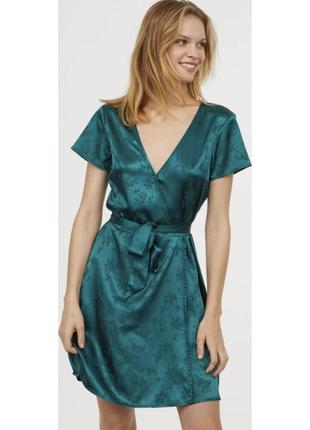Сатинова сукня h&m смарагдова зелена атласна на запах плаття платье xs s літнє на