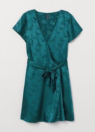 Сатинова сукня h&m смарагдова зелена атласна на запах плаття платье xs s літнє на