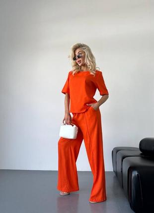 Оранжевый женский брючный льняной костюм прогулочный повседневный костюм широкие брюки палаццо футболка оверсайз свободного кроя лён