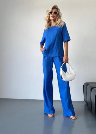 Синий электрик женский брючный льняной костюм прогулочный повседневный костюм широкие брюки палаццо футболка оверсайз свободного кроя лён