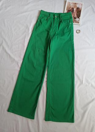 Яркие зеленые широкие джинсы трубы/палаццо/прямые/высокая посадка