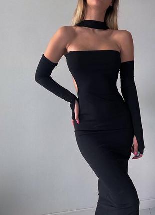 Нереальное темное платье с переплетом на шею / черное платье невероятное / черное платье по талии / обтягивающее сукна женственная 👗