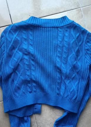 Укороченный синий кардиган красивой вязки3 фото