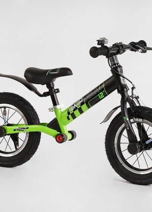 Велобіг corso "skip jack" 95112 (1) чорно-зелений, надувні колеса 12", сталева рама з амортизатором, ручне гальмо, підніжка, в