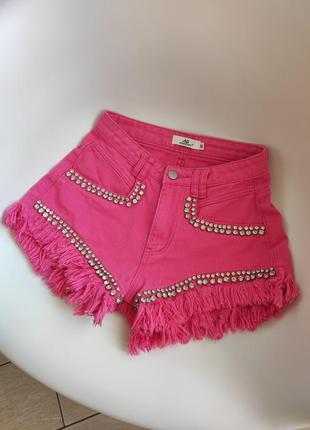 Ексклюзивні шорти🤩 рожеві шорти зі стразами 😍 шорти зі стразами на високій посадці рожеві джинсові шорти на високій посадці