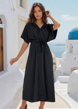 Длинное шелковое платье с широкими рукавами черное сатиновое платье макси