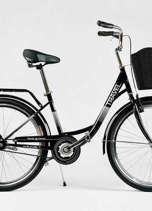 Велосипед міський corso «travel» 26`` tr-6391 (1) колір чорний, одношвидкісний, сталева рама 16.5``, корзина, багажник