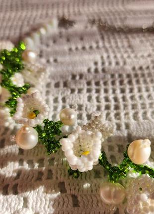 Намисто ручної роботи із бісера квітковий чокер квіти конвалії перлини