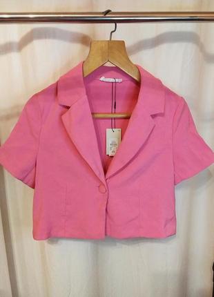 Стильний рожевий піджак літній коттоновий жіночий піджак з коротким рукавом вкорочений піджак на літо