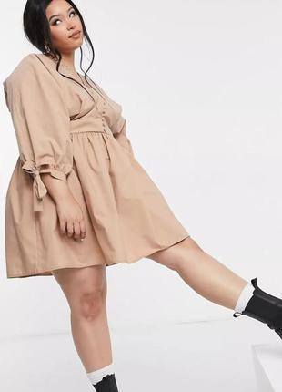 Міні-сукня asos design curve з бавовняного попліну і ґудзиками із рукавами-зав’язками з мокко