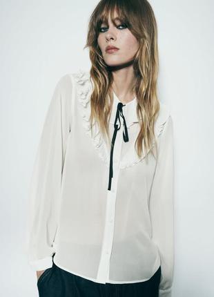 Белая блузка с контрастным бантом от zara, шифоновая блузка, в наличии ✅