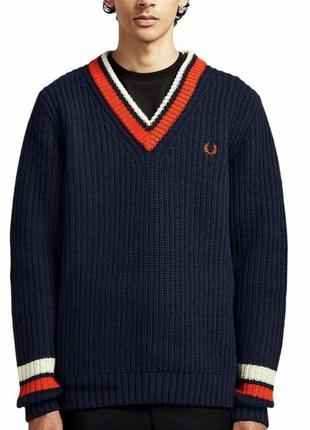 Fred perry men’s bold tipped v-neck dark blue jumper lambswool sweater logo светр