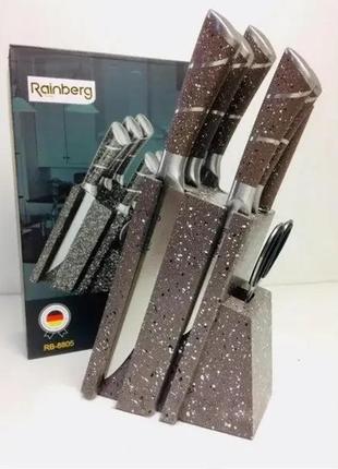 Набір кухонних ножів коричневий rainberg rb-8805 8 в 1 з неіржавкої сталі на дерев'яній підставці, ножі для9 фото