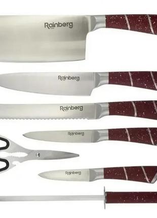 Набор кухонных ножей коричневый rainberg rb-8805 8 в 1 из нержавеющей стали на деревянной подставке, ножи для4 фото