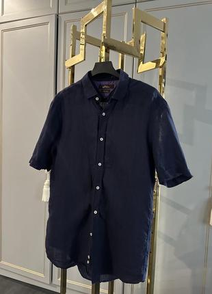 Льняная мужская рубашка с коротким рукавом bottega veneta  синяя