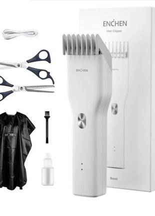 Акумуляторна безпровідна машинка для стрижки xiaomi enchen boost white з насадкою + комплект ножиць і накидка