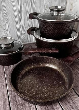 Набір каструль і сковорода з гранітним антипригарним покриттям higher kitchen hk-315 7 предметів кава