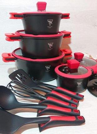 Набір посуду кований top kitchen (tk00019) з мармуровим покриттям на 16 предметів чорний