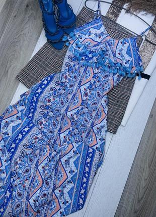 Літня міді сукня boohoo xs плаття з розрізом літній сарафан довгий плаття на тонких бретелях