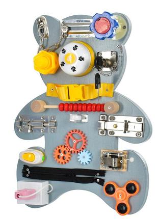 Дерев'яна іграшка бізіборд ведмедик c 64846,рухомі елементи, спінер, дзвіночок