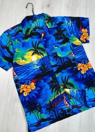 Гавайская рубашка мужская в крутой принт цветы пальмы